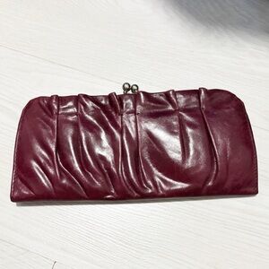 HOBO Deep Burgundy Leather Clutch Wallet Brass Clasp Pleated
